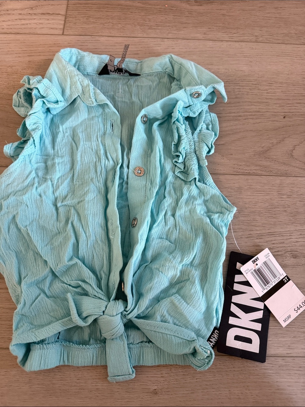 DKNY Girls Aqua Tie-Front Ruffle Sleeveless Top